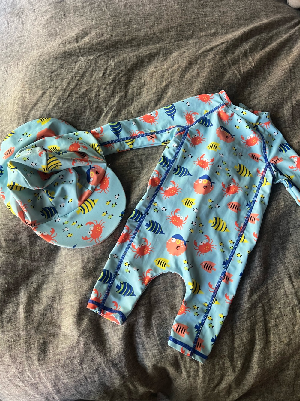 Kids Light Blue Rash Guard Swimsuit Set with Crab Print